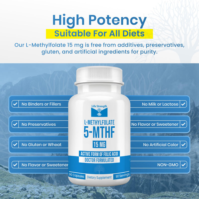 L-Methylfolate 15mg | 90 Capsules | Optimized & Highly Bioactive Methyl Folate Supplement | 5-MTHF Supports for Energy, Focus & Mood | Non-GMO, Gluten Free, Vegan | 3 Month Supply 15 mg