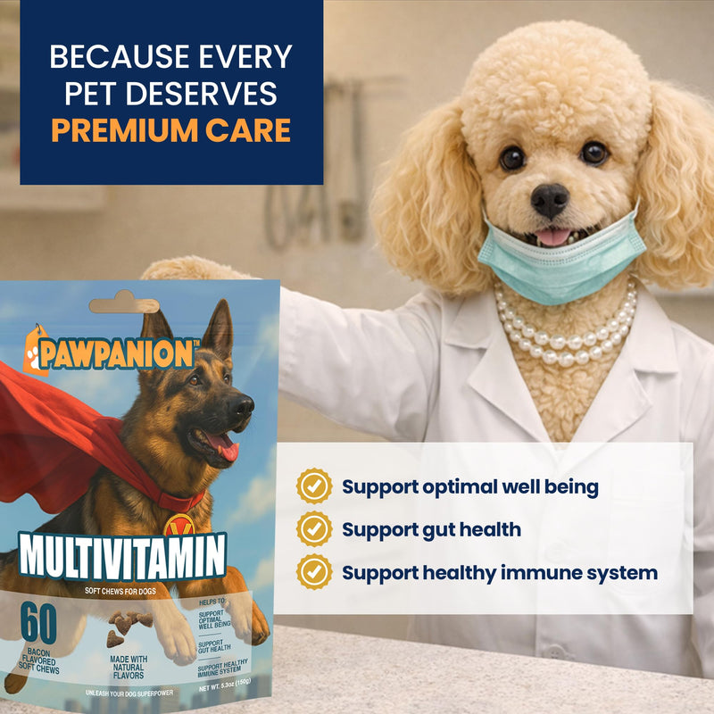 Multivitamin Soft Chews for Dogs, Daily Vitamins & Immune Support, Joint Skin Gut Health Formula, Probiotics + Omega + Vitamins, 60 Soft Chews Bacon Flavor Multi-vitamin
