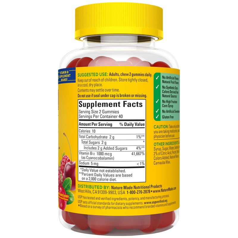 Nature Made Vitamin B12 Gummies 1000 mcg per Serving, 80 Gummy Vitamins | B12 Vitamins, Dietary Supplement for Energy Metabolism Support, B12 Helps Support Brain Cell Function, 40 Day Supply Cherry & Mixed Berry 80 Count (Pack of 1)