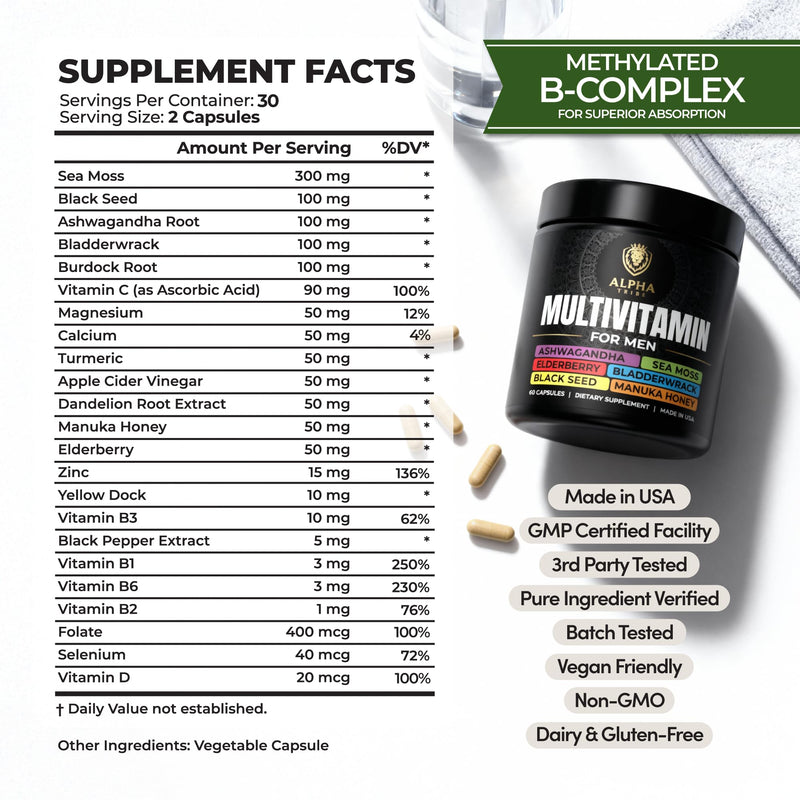 Alpha Tribe Multivitamin for Men with Seamoss Black Seed Oil Ashwagandha Burdock Root, Turmeric Bladderwrack, Vitamin C, Elderberry, Manuka, Yellow Dock | Daily Men's Vitamins and Minerals Supplement 60 Count (Pack of 1)