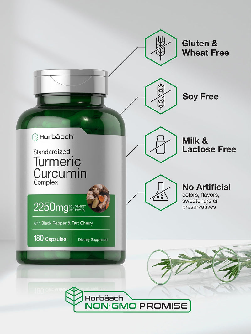 Horbäach Turmeric Supplement with Black Pepper 2250mg | 180 Capsules | with Bioperine & Tart Cherry | Non-GMO, Gluten Free Supplement - BeesActive Australia