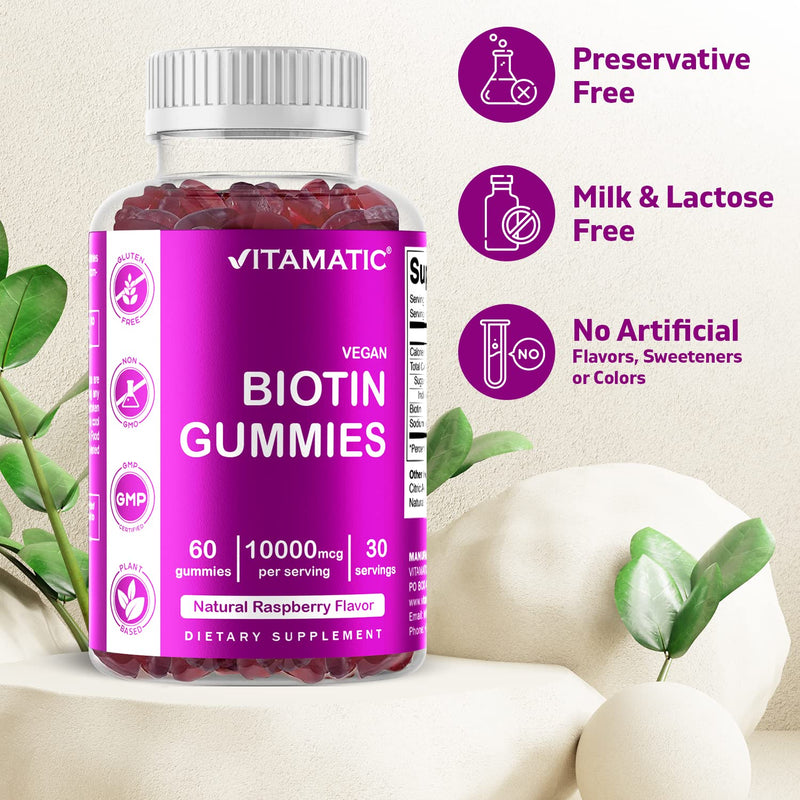 Vitamatic Biotin Gummies 10,000 mcg for Stronger Hair, Skin & Nails - 60 Vegan Gummies - Also Called Vitamin B7 (1 Bottle) 1 Bottle - BeesActive Australia