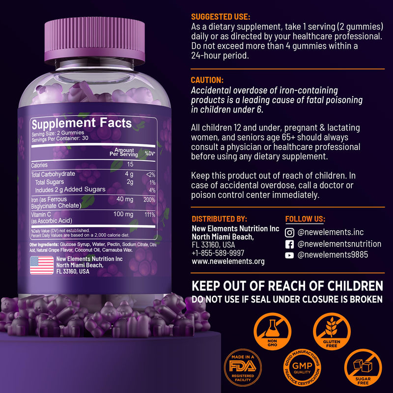 New Elements Iron Gummies 40mg with Vitamin C 100mg – Best Iron Supplement for Women, Men & Adults – Free Blood Builder for Anemia – Immune Support & Energy Booster | Fruit Pectin | Vegan | Non-GMO