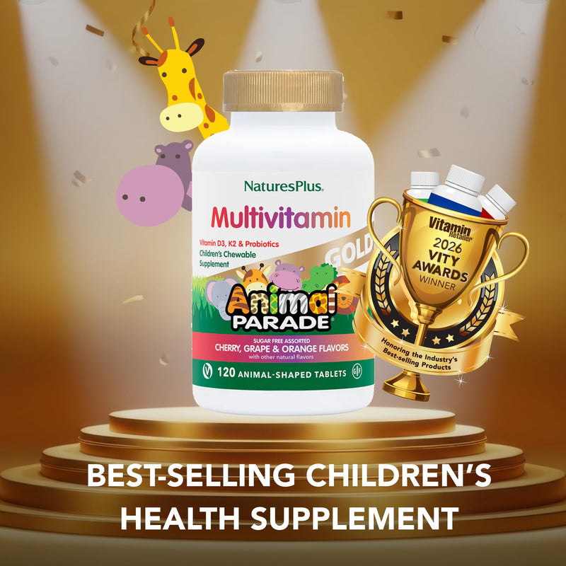 NaturesPlus Animal Parade Gold Children's Multivitamin - Assorted Cherry, Orange & Grape Flavors - 60 Chewable Tablets, Pack of 2 - Vegetarian, Gluten Free - 60 Total Servings 60 Count (Pack of 2)