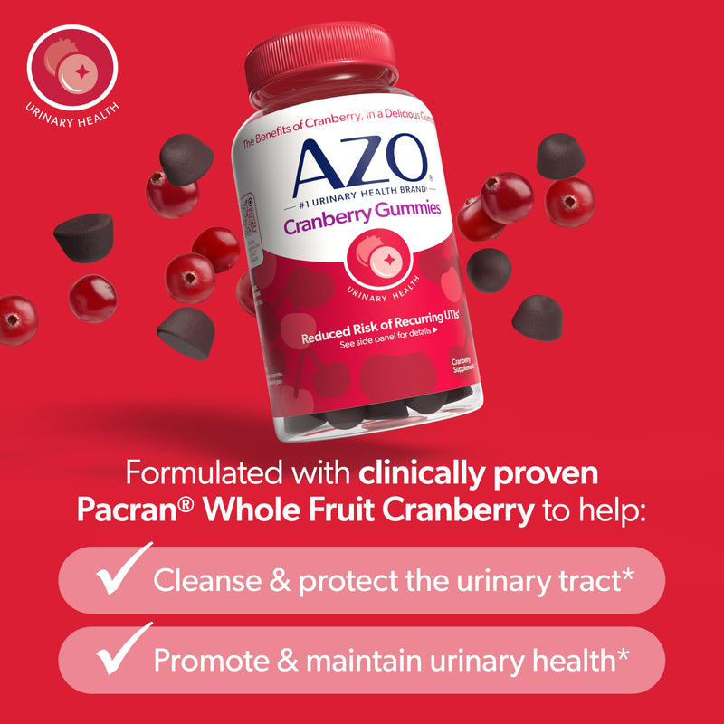 AZO Cranberry Urinary Tract Health Gummies Dietary Supplement, 2 Gummies = 1 Glass of Cranberry Juice, Helps Cleanse & Protect, Natural Berrylicious Flavor, Non-GMO, 72 Gummies 72 Count (Pack of 1) - BeesActive Australia