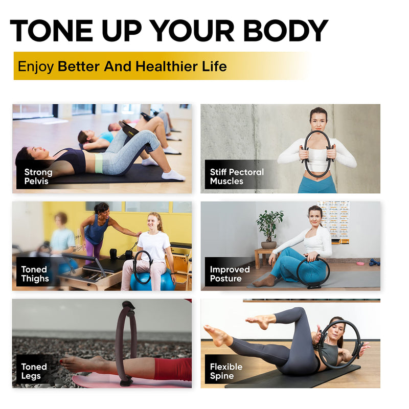 Eleabro Sports 14 inch Pilates Ring Circle - Magic Circle -with A1 Size Workout Poster, Inner Thigh Exercise Ring, Ideal for All Heights-Yoga Ring Fitness Ring with Soft Handles Black 14''