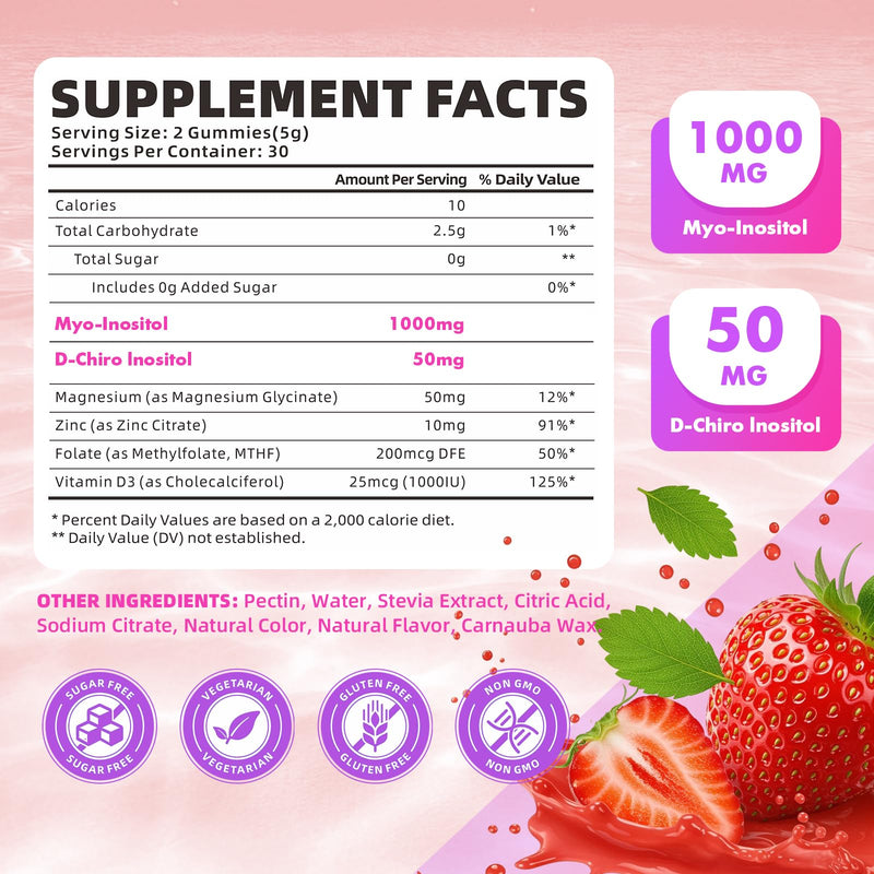 softbear Inositol Supplement for Women, Myo-Inositol & D-Chiro Inositol Gummies 1000mg with Vitamin D3 for POCS Support & Female Wellness, Sugar-Free/Veagn/GMO-Free, Strawberry Flavor, 60 Count 60 Count (Pack of 1)