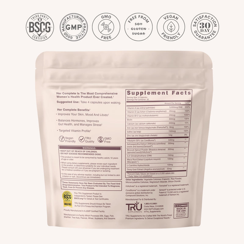 TRU Supplements HER Women’s Health Supplement, Complete Formula for Daily Hormone Support, Gut & Skin Health, Fertility & Mood Booster, PMS & Digestive Support, Natural Women’s Formula - 30 Servings