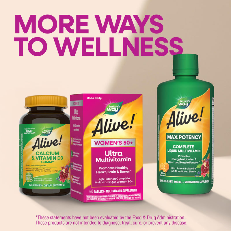 Nature's Way Alive! Women's 50 Plus Ultra Potency Multivitamin, 150 ct | Complete and High Potency Formula with Vitamin D3, C, E, and Methylated B12; Supports Heart, Brain, and Bone Health*. 150 Count (Pack of 1)