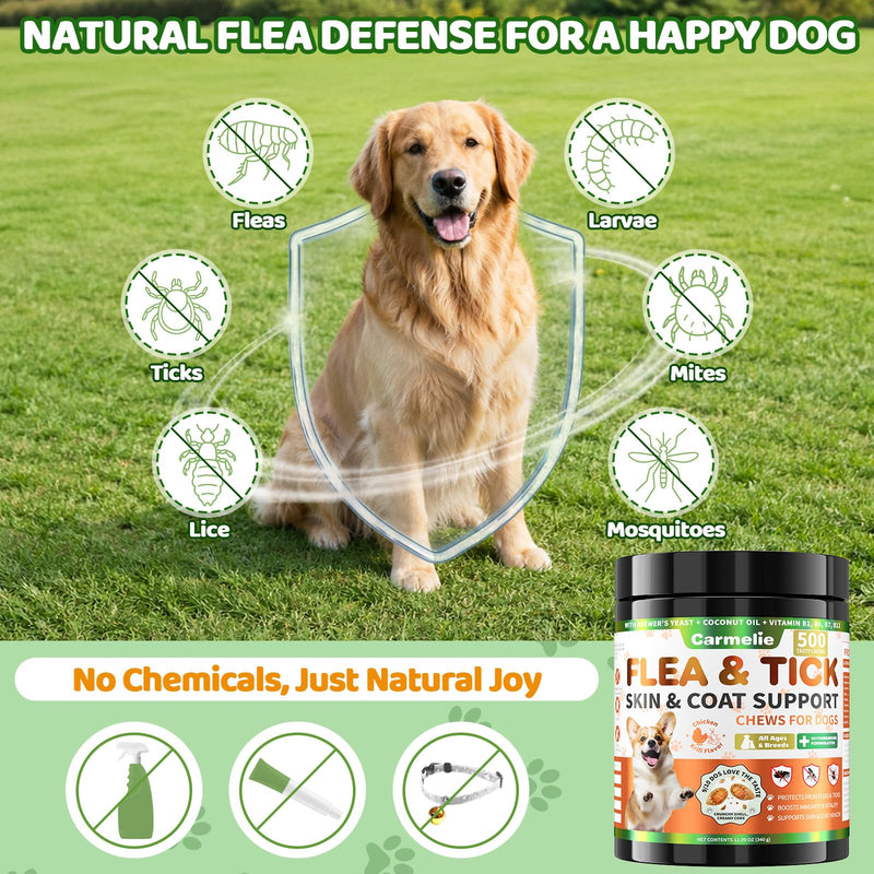 Flea and Tick Prevention for Dogs Chewables, 500ct Dog Flea and Tick Treatment with Multivitamins - Support Skin & Coat - Tasty Treats for All Breeds - Crunchy & Savory Chicken and Krill Flavor