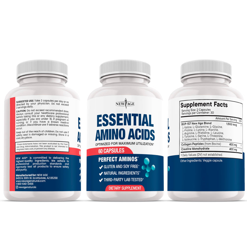 NEW AGE Amino Acid Complex – 20 Aminos with BCAAs, L-Glutamine, L-Arginine & Hyaluronic Acid – Supports Recovery, Energy, Immune Health & Wellness – Non-GMO, Gluten-Free – 60 Capsules 60 Count (Pack of 1)