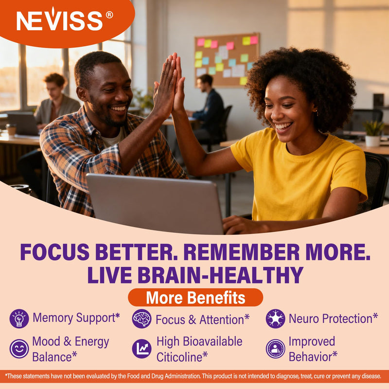 NEVISS Citicoline 1000mg & Phosphatidylserine 300mg, CDP Choline Gummies | Brain Supplement for Memory and Focus w/ Lion's Mane Mushroom, Omega-3, Methylfolate, B6 B12,Non-GMO Soy Free,Sugar Free,60Ct
