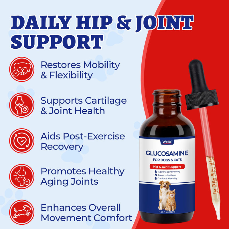 Wellix 4 oz (120 ml) Joint Supplement for Dogs & Cats, Hip & Joint Supplements with Glucosamine Chondroitin MSM, Turmeric Drops, Dogs & Cats Universal Formula, Mobility & Flexibility & Hip Support