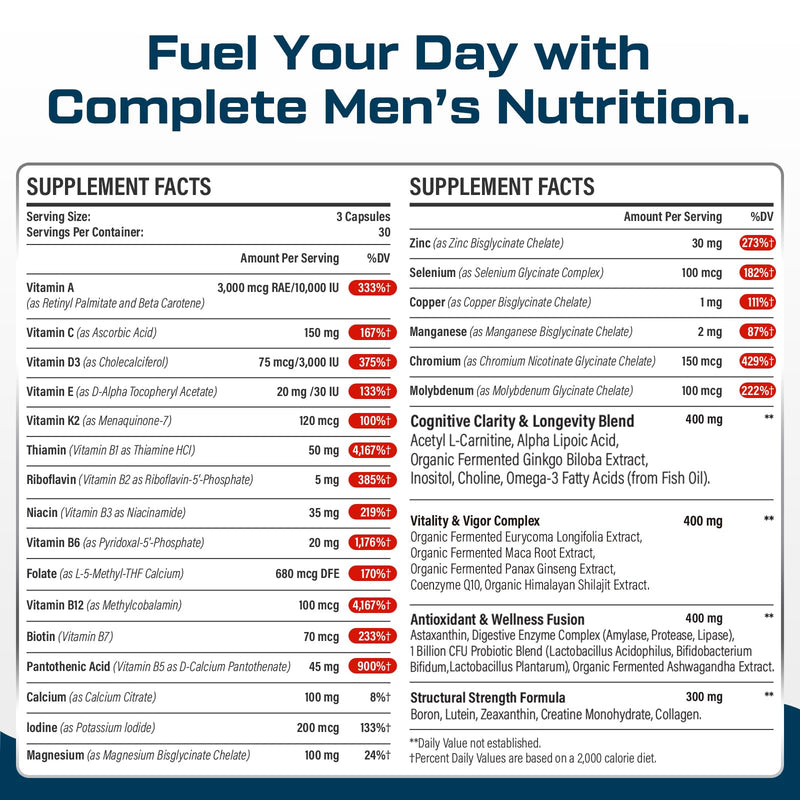 Multivitamin for Men 50+ with Methylated B12 & Folate, 90 Capsules | 43-in-1 iron-free men’s formula with Omega-3, CoQ10, fermented herbs, probiotics, and daily wellness support 90 Count (Pack of 1)