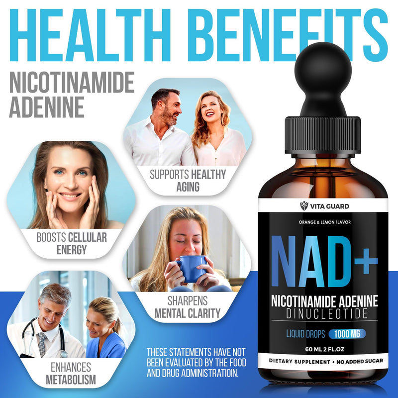 Vita Guard Pure NAD+ Liquid Drops 1000mg | Nicotinamide Adenine Formula | Vegan, Non-GMO | Natural Lemon & Orange Flavor | Dietary Supplement for Women & Men