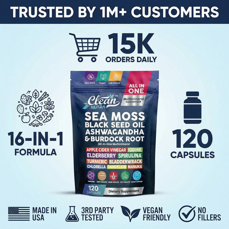 Clean Nutraceuticals Sea Moss Black Seed Oil Ashwagandha Turmeric Bladderwrack Burdock & Vitamin C Vitamin D3 with Elderberry Manuka Dandelion (120 Count (Pack of 1)) 120 Count (Pack of 1)