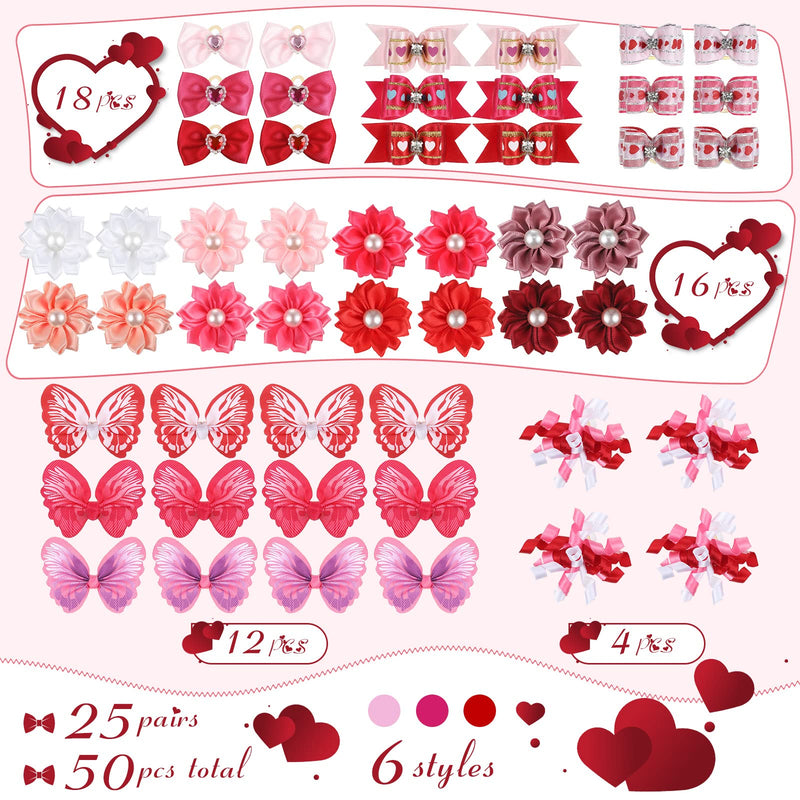 MTLEE 50 Pcs Valentine's Day Pink Small Dog Hair Bows Mixed Styles Dog Bows Pink Bows Heart Rhinestone Pattern with Rubber Bands Puppy Yorkie Cat Butterfly Topknot Rhinestone Pearl Girl Accessories - BeesActive Australia