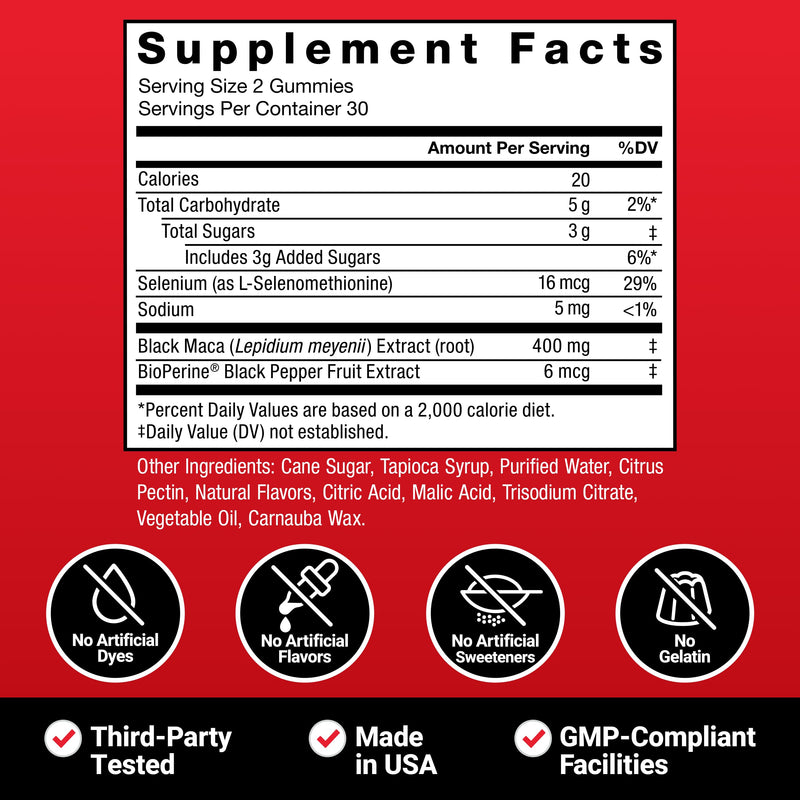 Force Factor Black Maca Gummies for Men & Women | Boost Energy, Strength, Drive & Vitality, Superior Absorption, Peruvian Black Maca Root, Passion Berry, 60 Gummies 60 Count (Pack of 1)