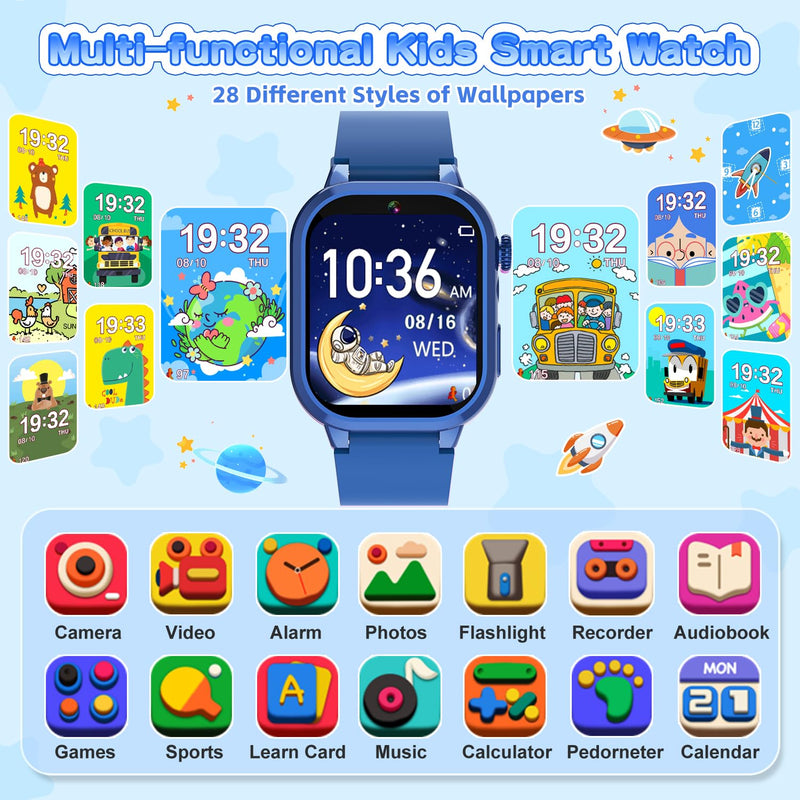 MOFGDNI Smart Watch for Kids with 39 Games, Built-in Camera, Video Recorder, Alarm, Calculator, Pedometer & Various Wallpapers – Toys for Ages 4-12 Years Old Birthday Blue