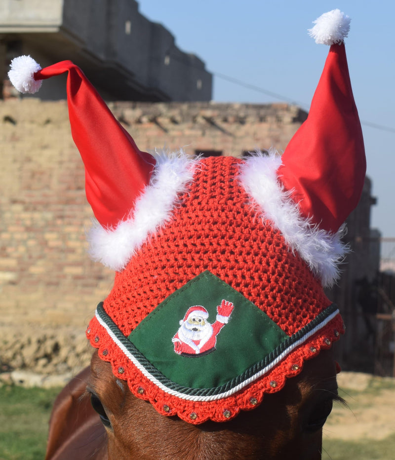 Santa Claus Christmas Horse Fly Bonnet Net Hat Hood Mask Fly Veil Full Hand Made Cotton Full (Red, Pony) Red - BeesActive Australia