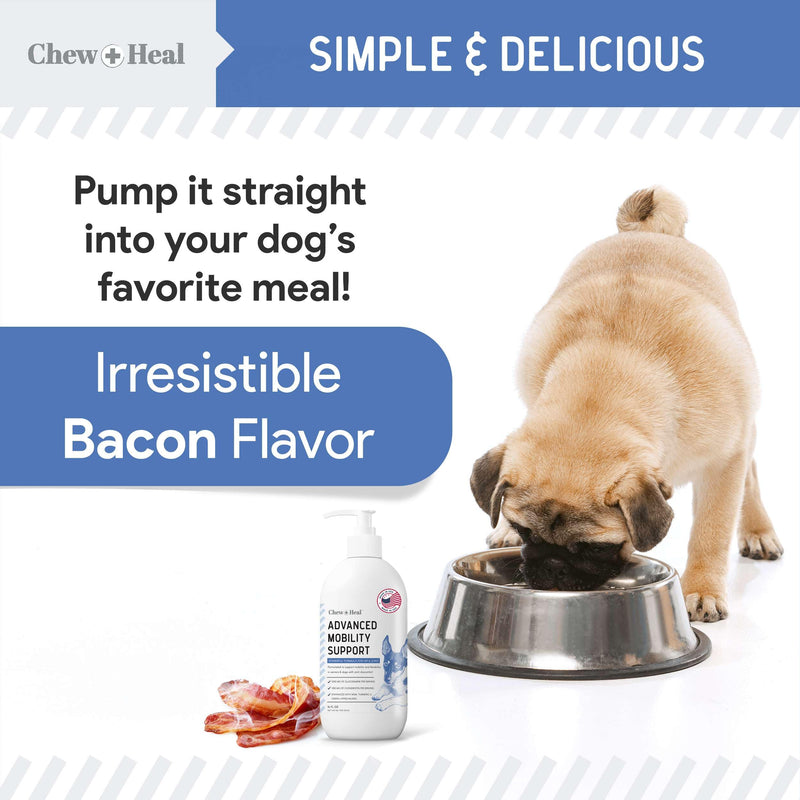 Chew + Heal Labs Liquid Glucosamine for Dogs Hip and Joint Supplement - 16 oz Bacon Flavored Advanced Mobility Support - Made with Glucosamine, Chondroitin, MSM, Turmeric, and Green Lipped Mussel - PawsPlanet Australia