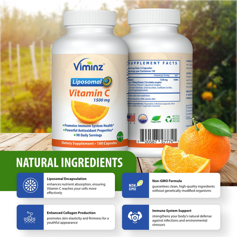 Liposomal Vitamin C 1500mg – 180 Capsules – Made in USA – High Absorption Immune & Collagen Support – Bioavailable Antioxidant Formula – Non-GMO, Gluten Free & Soy Free