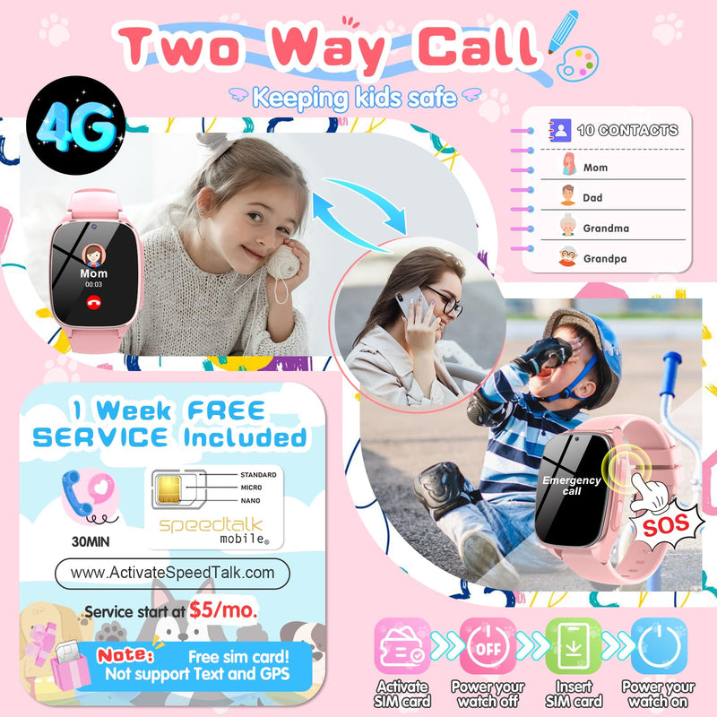 4G Kids Smart Watch – Smartwatch for Kids with Call SOS Music Camera Video Alarm Pedometer Calculator Stopwatch Educational Games, Smart Watch Phone with SIM Card for Boys Girls Ages 4-12(Pink) Pink No GPS - BeesActive Australia