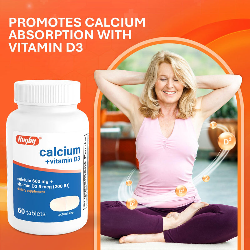 Rugby Calcium 600 mg + Vitamin D3 200IU (5 mcg) Tablets, 60 Count | Gluten-Free Dietary Supplement for Bone Health and Calcium Absorption, No Artificial Colors, Flavors and Preservatives