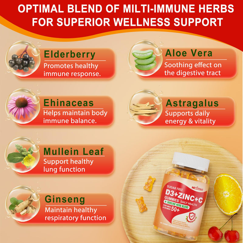 Vitamin C + D3 + Zinc Immune Support Gummies for Adults 50 Plus Elderberry | Vitamin C + D3 + Zinc Gummies for Adults 50 +, Sugar Free Immune Support Supplement w/ Elderberry, Echinacea, Quercetin,1Pack 60 Count (Pack of 1)