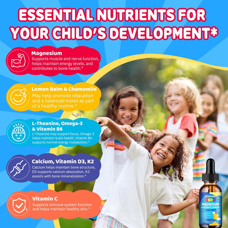 Kids Magnesium Glycinate Liquid Drops‌ – with L-Theanine, Omega-3, Vitamins B6 & D3, Zinc & Calcium – for Sleep Support, Relaxation, Focus & Brain, Bones – Strawberry Flavor, 4 Fl Oz 2 Fl Oz (Pack of 2)