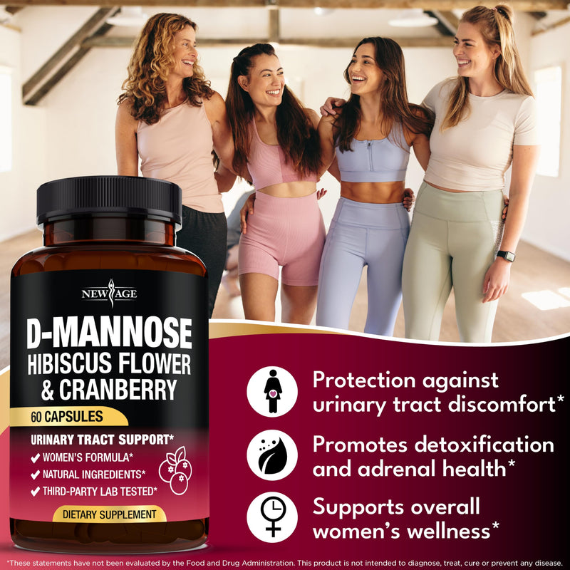 NEW AGE D-Mannose with Cranberry & Hibiscus - High Strength for Urinary Tract Health - Supplement for Women - Bladder, Liver & Microflora Support - Made in USA - Vegan, 120 Capsules 60 Count (Pack of 2) - BeesActive Australia
