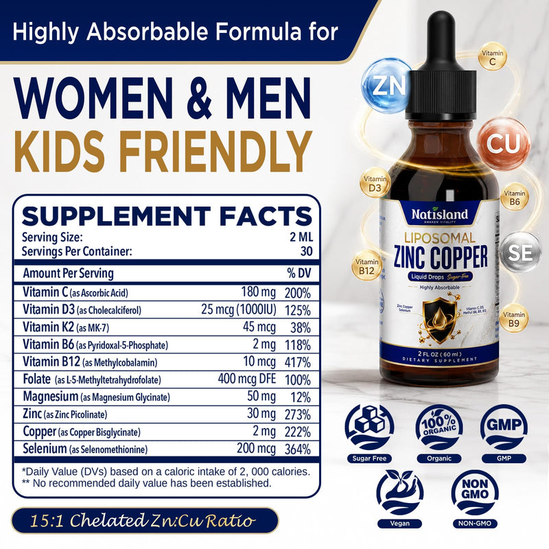 Liposomal Zinc Picolinate 30mg Copper Liquid Drop for Adult & Kid | Zinc Supplement with Selenium, Vitamin C, B, D3, K2, Magnesium, Immune, Mineral & Thyroid Support, Vegan, Strawberry, 2 FL OZ