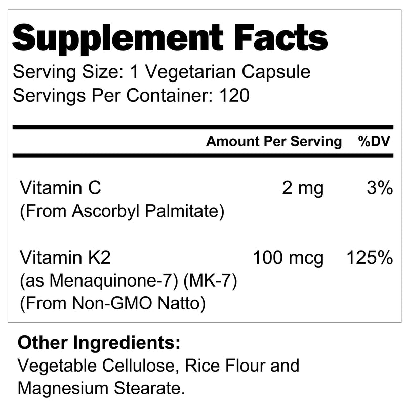 Vitamin K2 MK7 100 Mcg with MenaQ7-120 Veg Caps | from Natto | Heart & Bone Health | Cardiovascular Support | Non-GMO 120 Count (Pack of 1) - BeesActive Australia