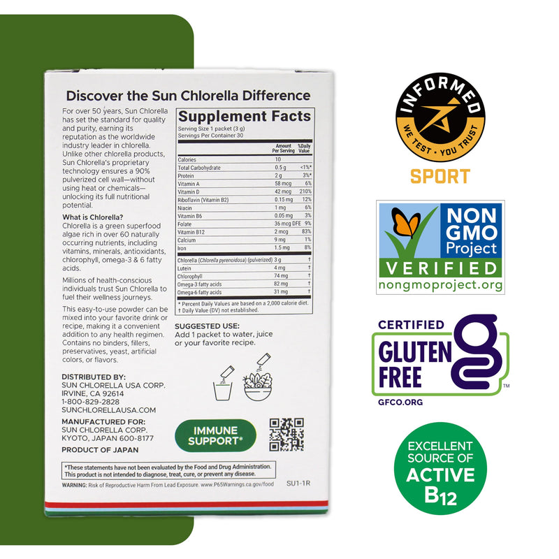 Sun Chlorella Powder 3g Single-Serve Packets, B12-Vitamin D Support, 30ct | Pulverized Cell Wall Unlocks 60+ Nutrients, Non-GMO Whole-Food Formula; Supports Immune & Digestive Health Herbal 30 Ounce (Pack of 1)