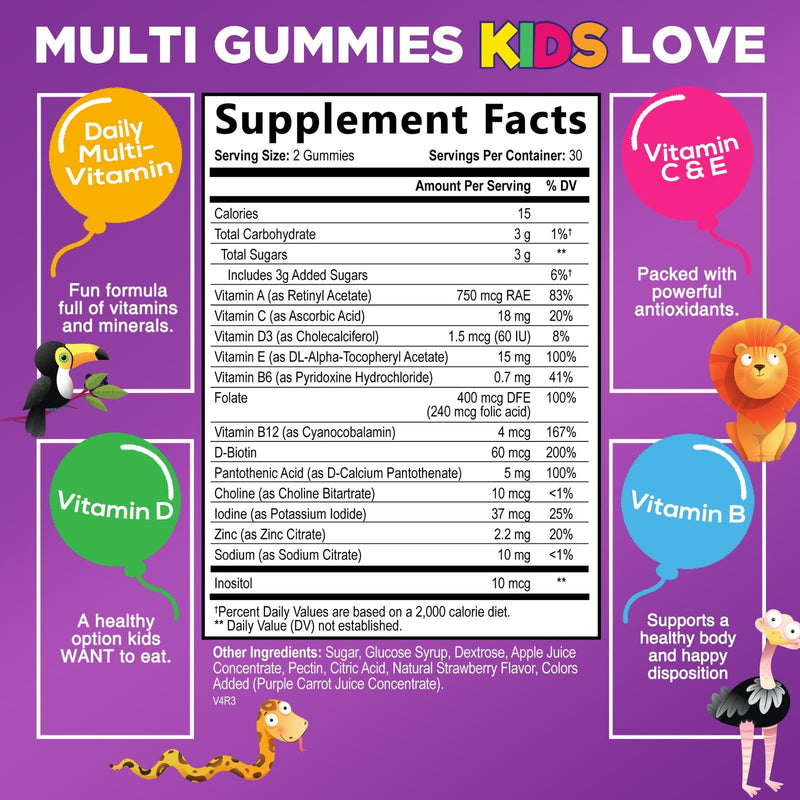 Multivitamin for Kids - Complete Daily Children's Multi Vitamin Gummy Chew with Vitamin D, B Vitamins, Zinc & More - Energy, Memory Focus & Immune Health Support - Natural Berry Flavor - 60 Gummies 60 Count (Pack of 1)