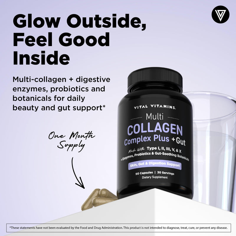 Vital Vitamins Multi Collagen Complex Plus + Gut, Probiotics & Enzymes | 5 Collagen Types I, II, III, V & X with Digestive Enzyme Blend, 3 Billion CFU Probiotic & Gut Botanicals, 90 Capsules 90 Count (Pack of 1)