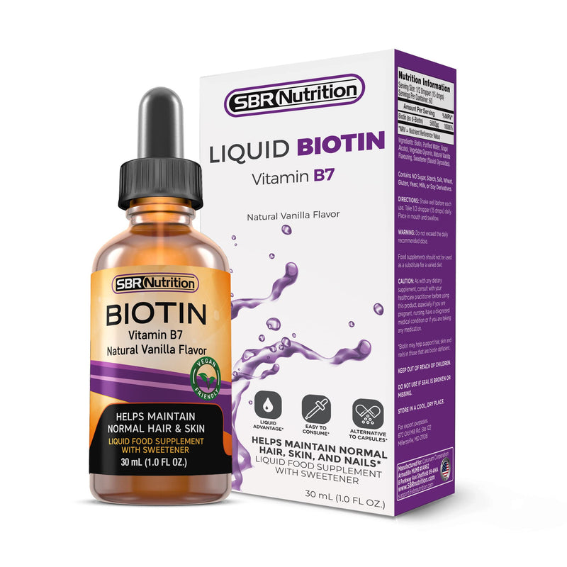 SBR Nutrition Biotin Liquid Drops, 5000mcg per Serving (60) 1.0Fl.oz (30ml) Vanilla Natural Vanilla - 5,000 mcg