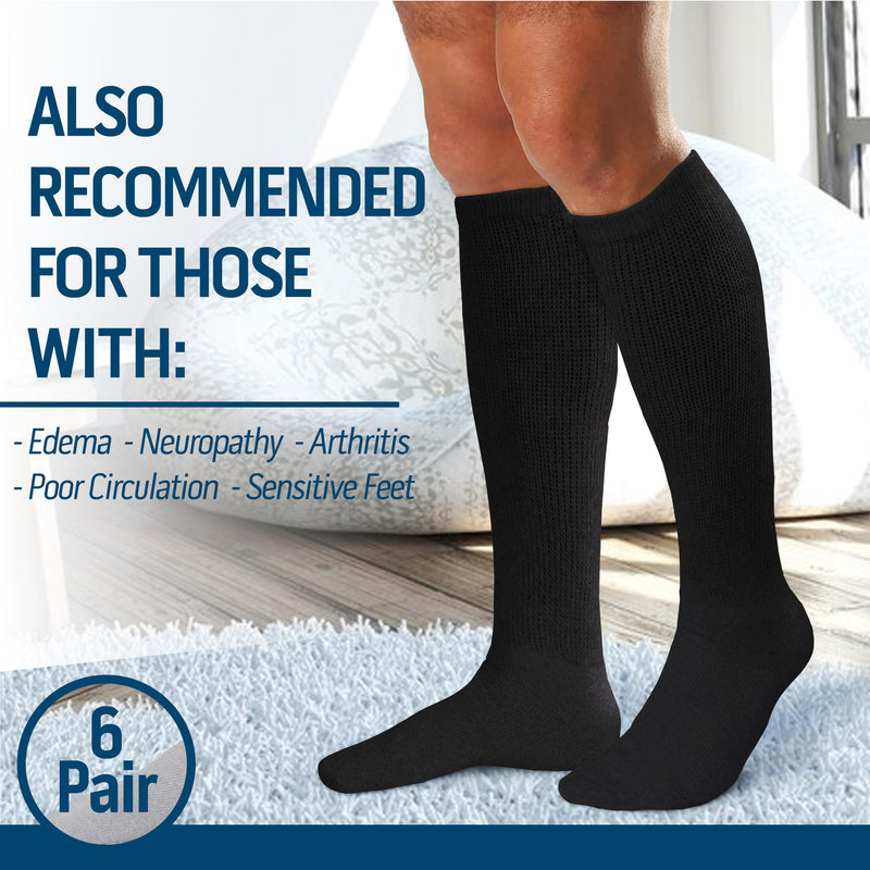 6 Pairs Diabetic Socks Over The Calf - Knee High Premium Cotton Socks Men's Size 10-13 Big & Tall Size 13-16 6 Pairs Black