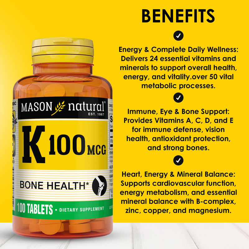 MASON NATURAL Vitamin K 100 mcg, Bone & Joint Support, 300 Day Supply | 100mcg vitamin K1 (phytonadione) to support strong bones, calcium absorption & normal joint function; 300 tablets