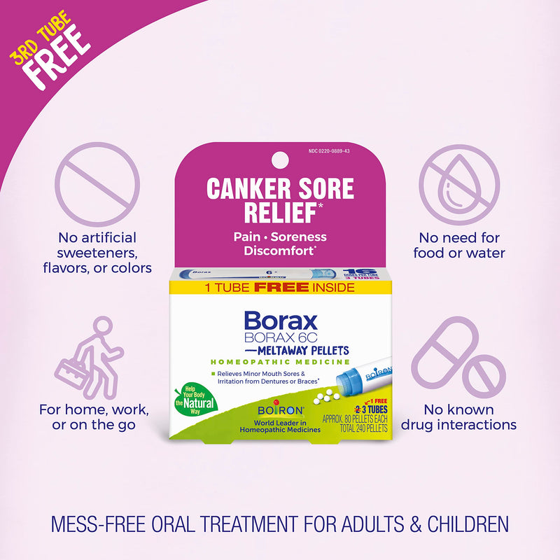Boiron Borax 6C Homeopathic Medicine for Canker Sore Relief, Pain, Soreness, or Discomfort - 3 Count (240 Pellets) - BeesActive Australia