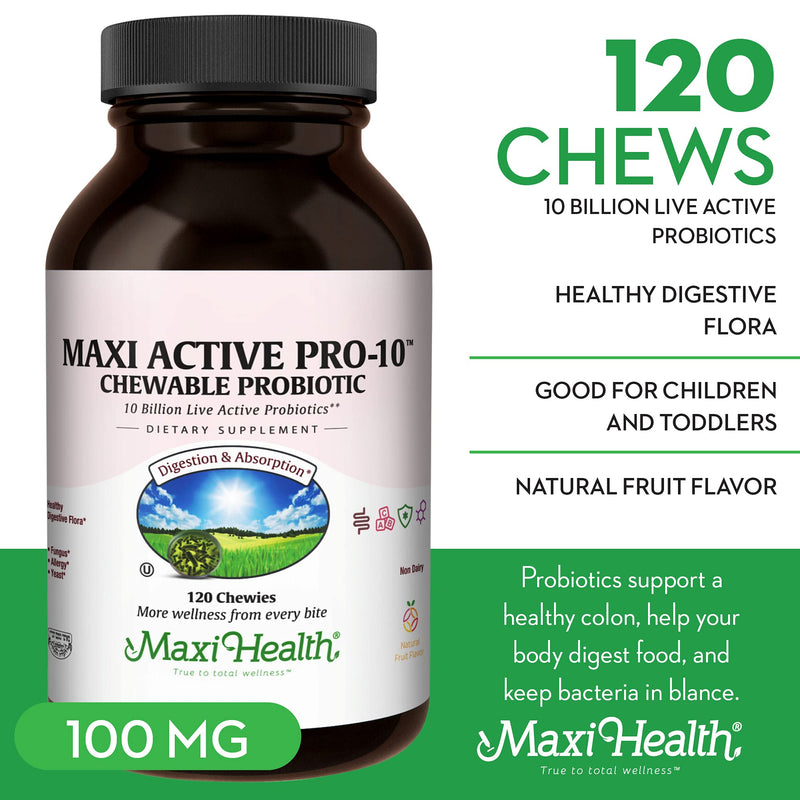 Maxi Health® Probiotics for Kids, 10 Billion CFU (120 Count) | Kosher | 15-Strain Kids Probiotic | Fruit Punch Chewables for Digestive Health | Vegetarian · Non-GMO | Doctor Formulated 120 Count (Pack of 1)