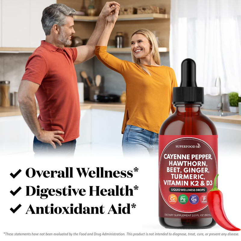 Cayenne Pepper Supplement Liquid Drops + Hawthorn Berry, Vitamin D3 K2 Beet Root Powder, Ceylon Cinnamon, Turmeric Curcumin, Organic Panax Ginseng - 2 OZ 2 Fl Oz (Pack of 1)