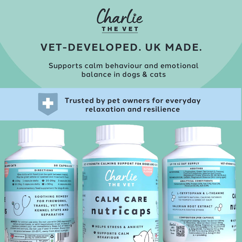 CharlieTheVet Calm Care, Salmon Flavour, Pet Calming Supplement, Capsules, Dogs & Cats, L-Tryptophan, L-Theanine, Valerian Root, 50 Capsules, Anxiety & Stress Relief