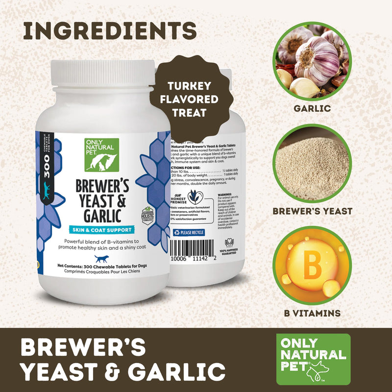 Only Natural Pet Brewer's Yeast & Garlic Chewables - All-Natural Flea & Tick Prevention for Dogs - Fortified with B Vitamins - Promotes Healthy Skin & Coat - 300 Count Tablet (2 Pack) Pack of 2 - BeesActive Australia