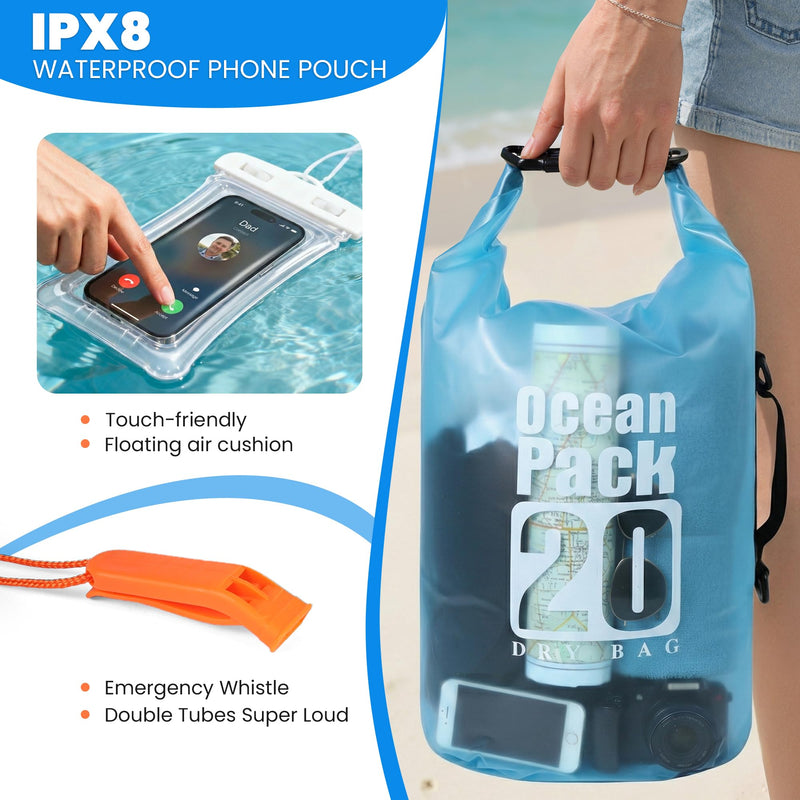 TILYMOL Dry Bag Waterproof, Roll Top Small Waterproof Backpack 20L, Floating Lightweight Bag with Water Proof Phone Pouch for Kayaking, Paddle Boarding, Boating, Fishing, Swimming Orange