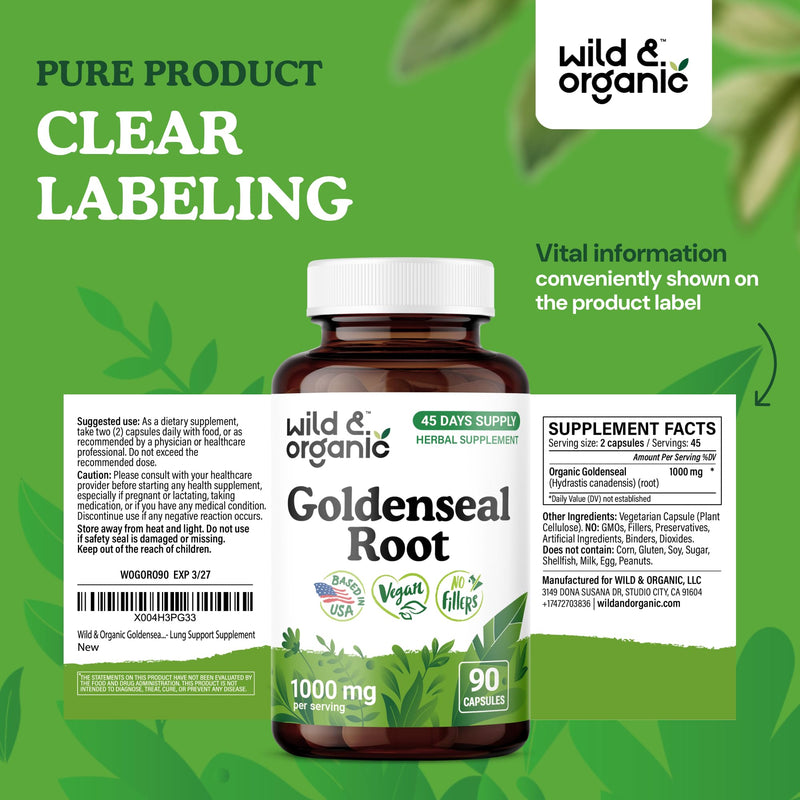 Wild & Organic Goldenseal Root Capsules 1000mg - Immune & Lung Support - 90 Goldenseal Root Powder Capsules - 45 Days Supply - Vegan, No Fillers, Non-GMO - BeesActive Australia