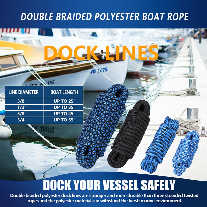 Dock Lines Boat Rope, Double Braided,1/2 inch Diameter, 15 Feet Long, with 12 inch Splicing Eyelets, for Mooring Small to Medium Sized Boats up to 35 Feet. (Black, 1/2" x 15', 2 Pack) 1/2" x 15'（2 Pack） Black