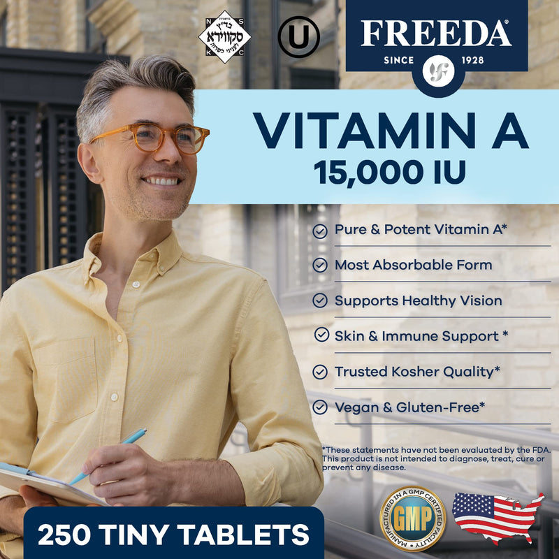 Freeda Kosher Vitamin A Palmitate - Retinyl Palmitate Pure Vitamin A 15,000 IU - Vitamin A Supplement to Support Eye, Vision & Immune Health - Vit A Vitamin Supplements - Vitamina A - 250 Tablets - BeesActive Australia