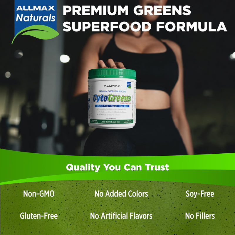 ALLMAX CytoGreens Super Greens Powder, Acai Berry Green Tea, 30 Servings | Supports Daily Wellness, Promotes Digestive Health, Superfood Greens Blend, Digestive Enzymes, Vegan