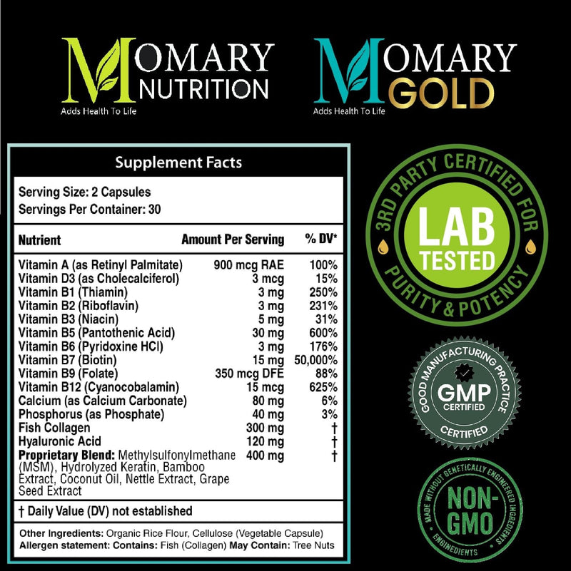 MOMARY Gold Hyaluronic Acid with Biotin, Collagen, Keratin, B-Complex (B1, B2, B3, B5, B6, B7, B9, B12), Vitamins A & D3, Folic Acid, Calcium, Phosphorus – Hair, Skin & Nail Support – 60 Capsules Capsule